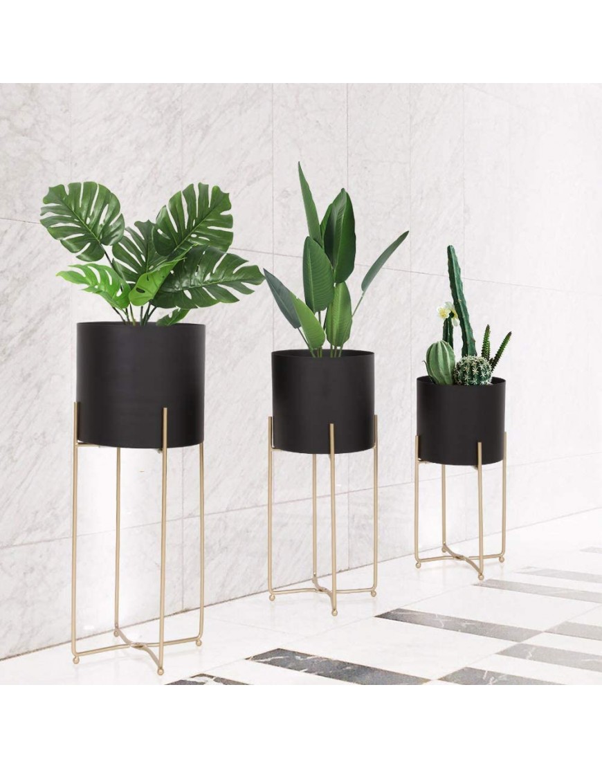 Mid Century Planter with Gold Plant Stand 3 pcs Modern Planters for Indoor Plants Metal Floor Planter Set with Foldable StandPack of 3