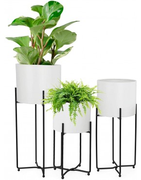 Mid Century White Planter with Black Plant Stand 3 pcs Modern Planters for Indoor Plants Metal Floor Planter Set with Foldable StandPack of 3