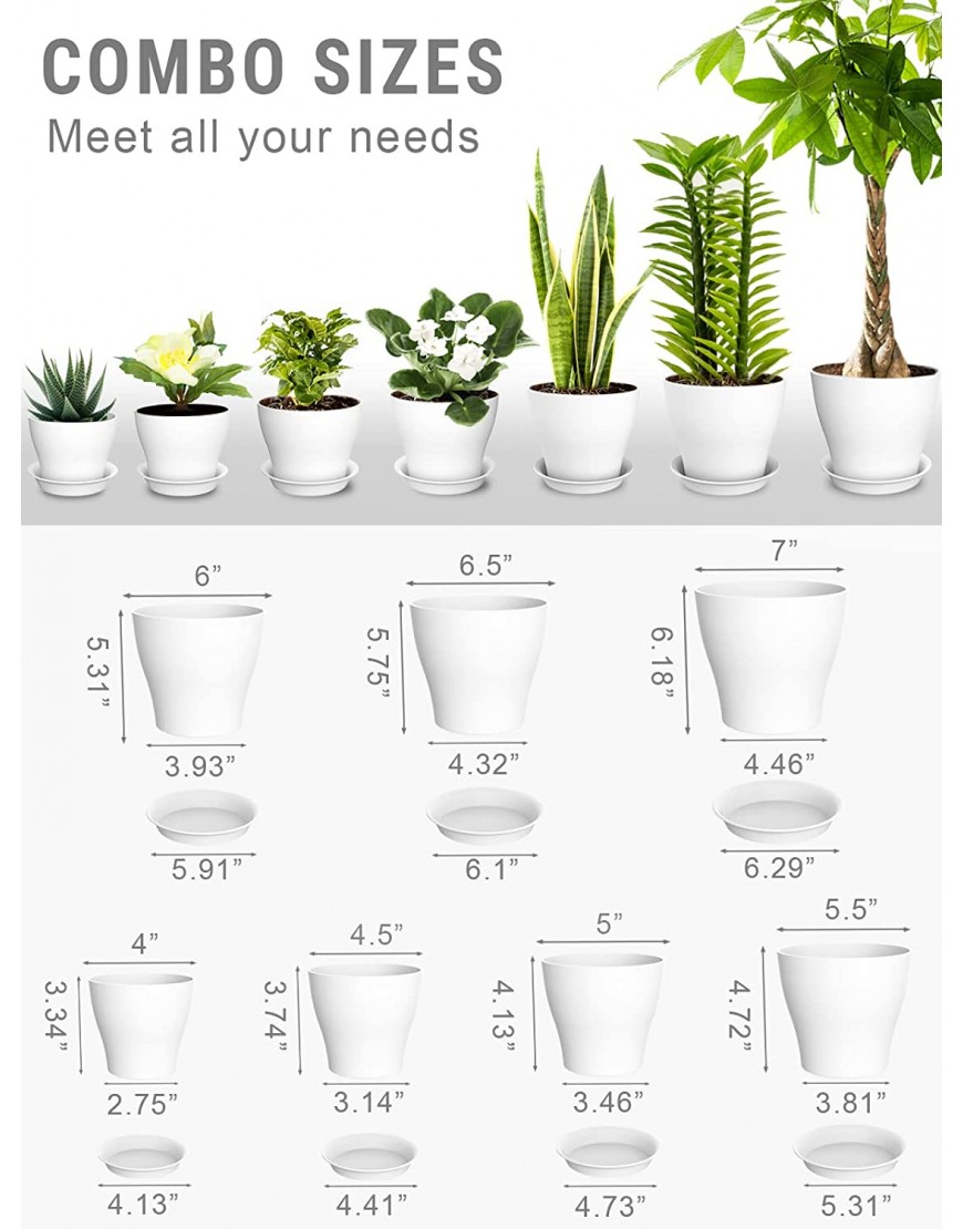 MISOLIFE Plastic Plant Pots Set of 7 7 6.5 6 5.5 5 4.5 4 Inch Indoor Outdoor Flower Pot with Multiple Drainage Holes and Trays Planter Pot for Home Garden Succulents Cactus White