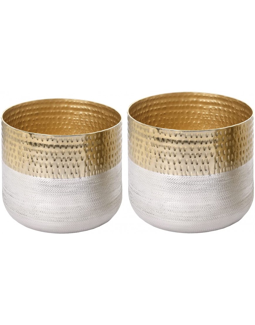 MyGift Metallic Two-Toned Indoor Planter Pot Cylindrical Hammered Gold and Milled Embossed Silver Tone Metal Planter Vase Set of 2