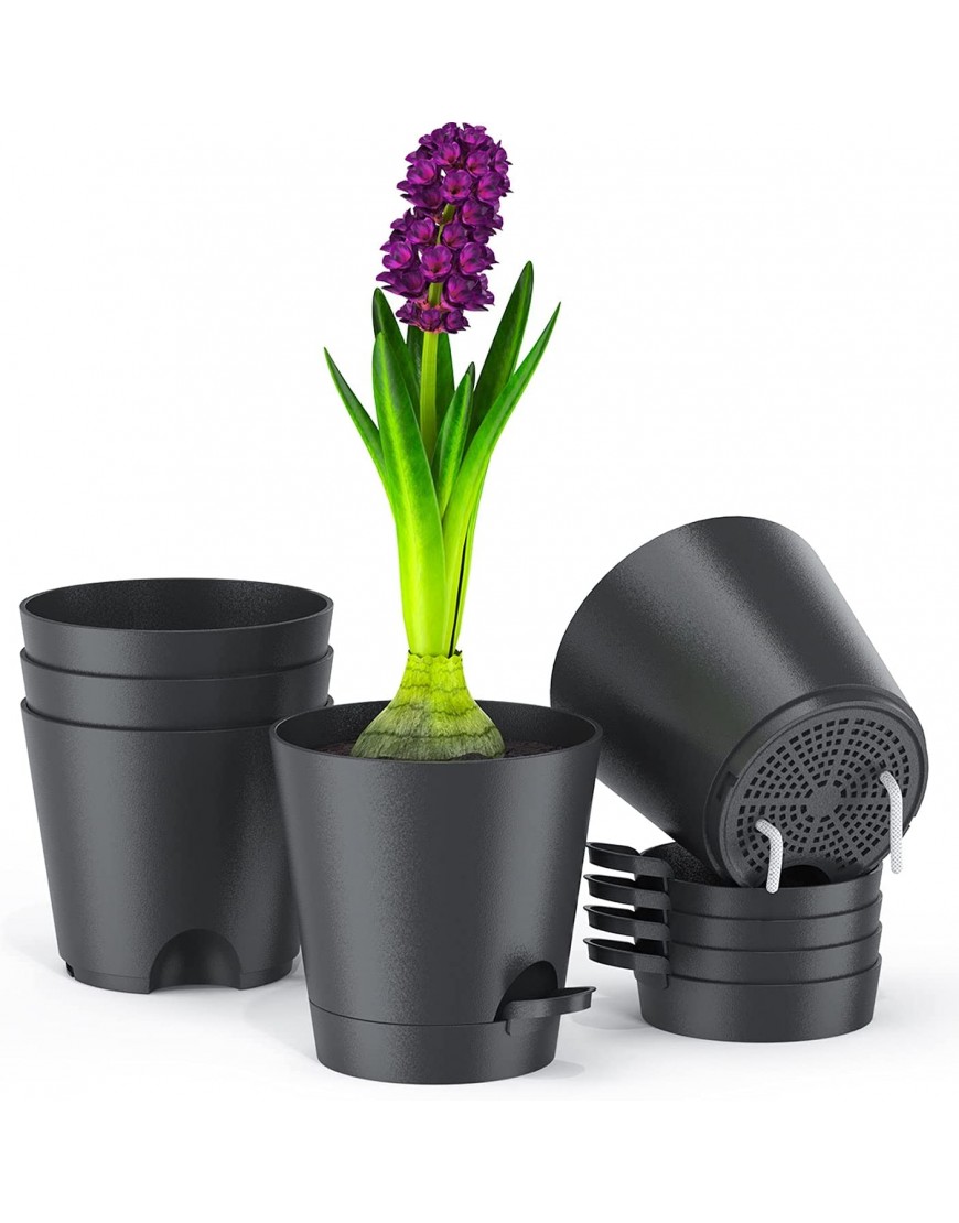 Plastic Plant Pots 5 Pack 6 inch Self Watering Pots for Indoor Plants with High Drainage Holes Deep Reservoir Tray and Self Water Wrick Rope for All House Plants Flower Black