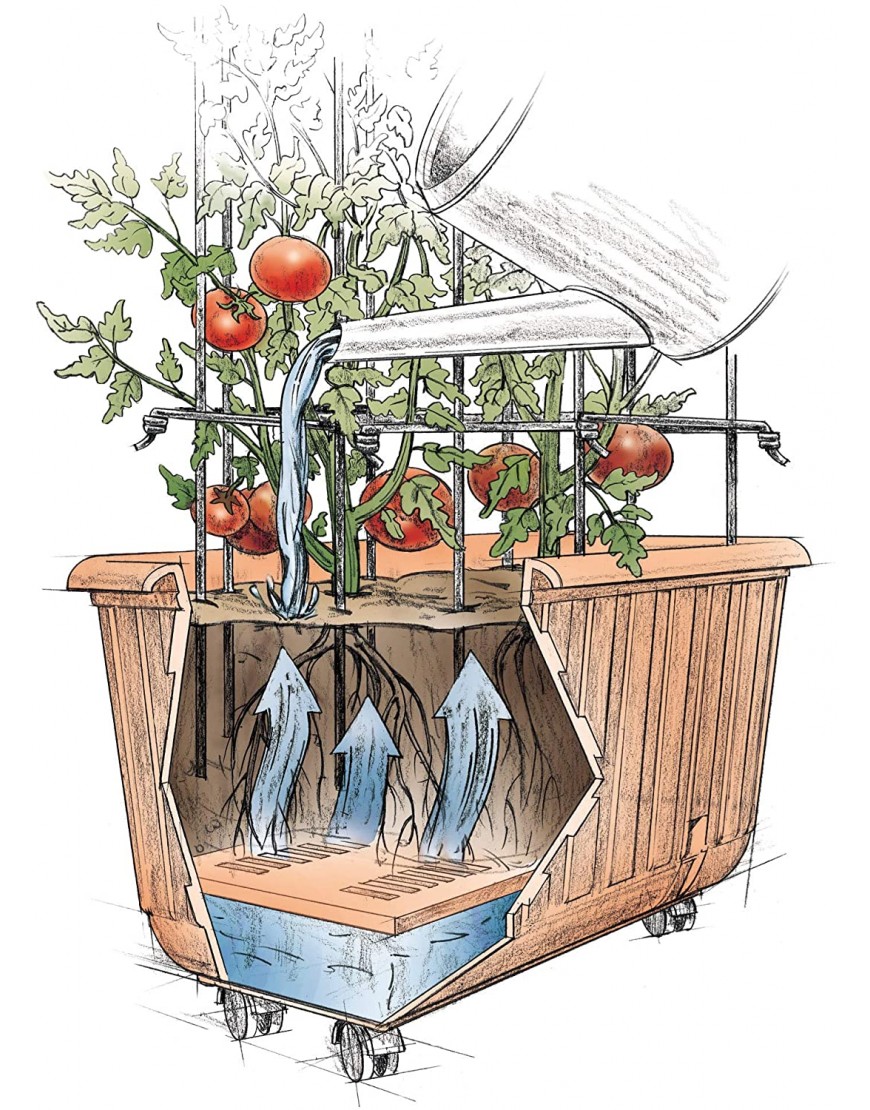 Plow & Hearth Rolling Self-Watering Polypropylene Tomato Planter with Sub-Irrigation System and Steel Tomato Tower Support Planter 25½L x 13¾W x 13½H Tower 20 L x 10 W x 40 H