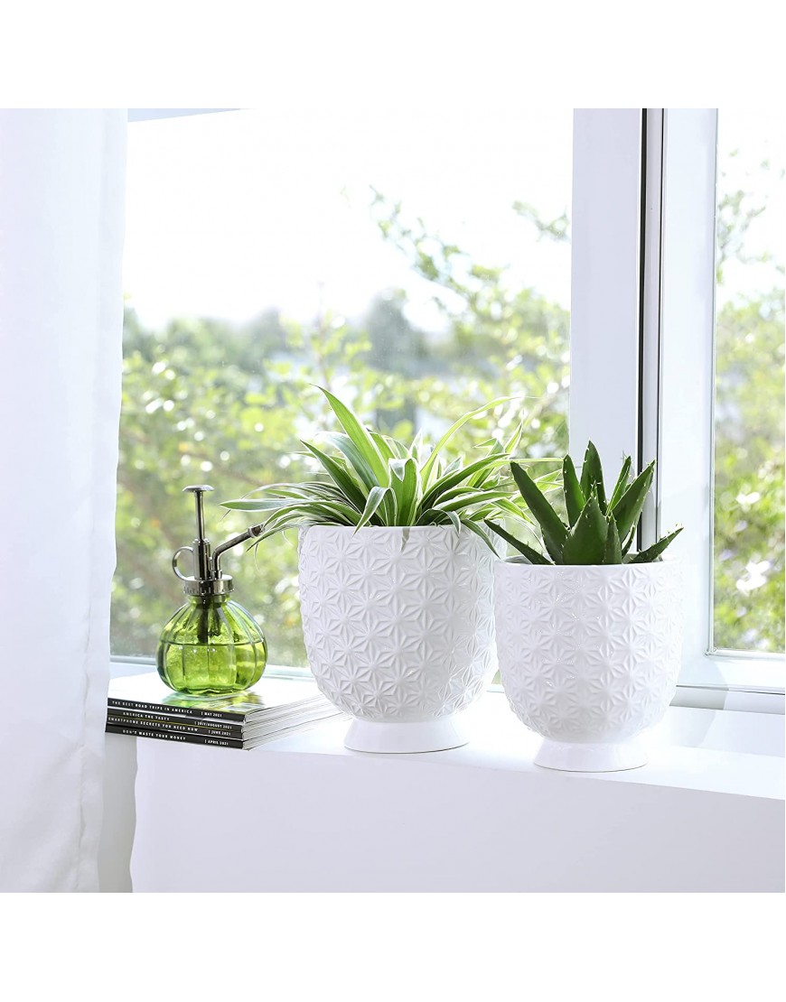 POTEY White Ceramic Planter Pots 5 + 4.3 inch Indoor Planter with Drainage Hole Relief Ice Crack Pattern Decorative Plant Pots for Plants POTEY 058001 Set of 2