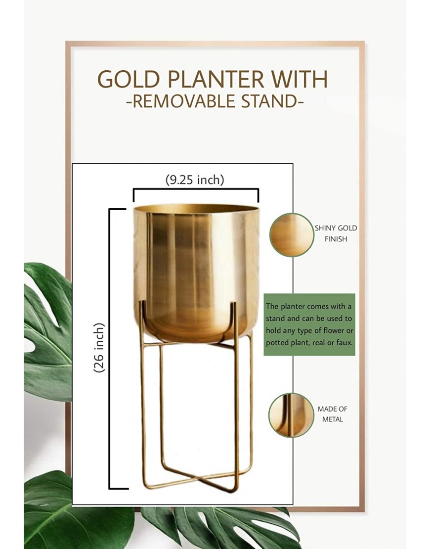 Serene Spaces Living Tall Gold Planter with Detachable Metal Stand Decorative Indoor Planter Pot Flower Pots Stand for Living Room Kitchen Office Measures 24 Tall and 9.25 Diameter