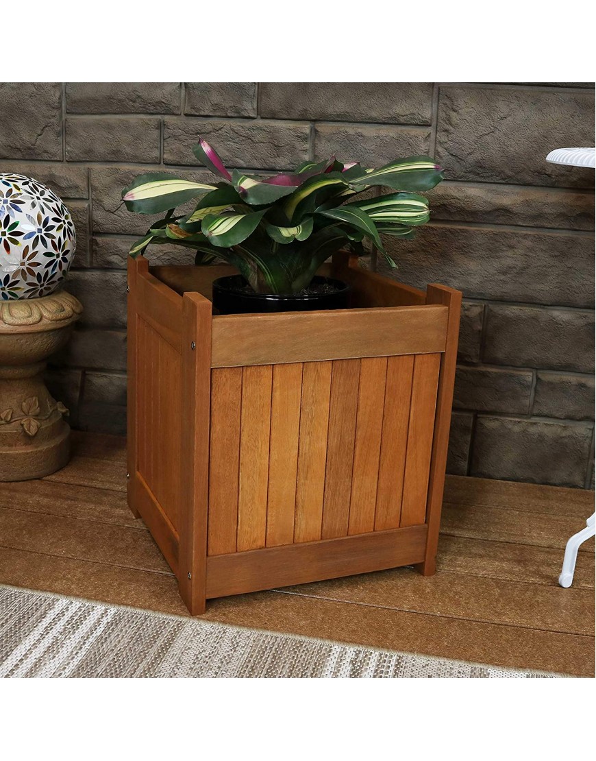 Sunnydaze Meranti Wood Outdoor Planter Box with Teak Oil Finish Square Wooden Flower and Herb Pot for Garden Porch and Patio Outside Plant and Vegetable Container 16-Inch Single