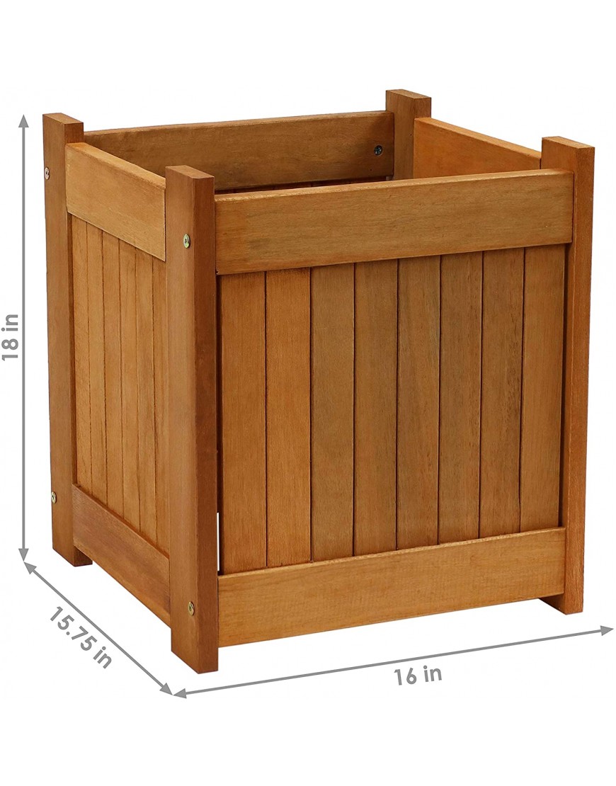 Sunnydaze Meranti Wood Outdoor Planter Box with Teak Oil Finish Square Wooden Flower and Herb Pot for Garden Porch and Patio Outside Plant and Vegetable Container 16-Inch Single