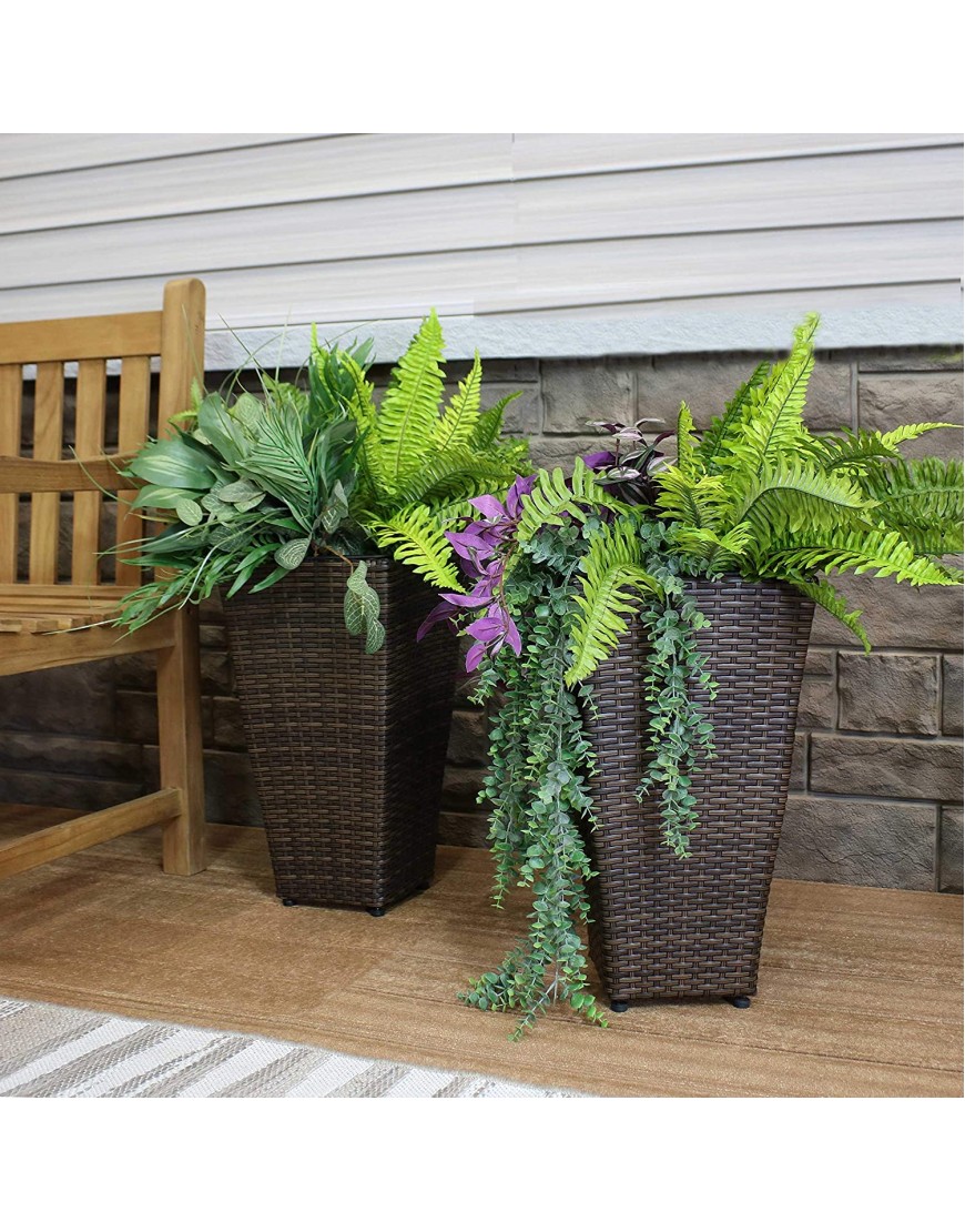 Sunnydaze Tall Square Polyrattan Planter 20-Inches Tall Set of 2 Modern Decorative Standing Containers Brown Perfect for Patio Front Porch or Entryway