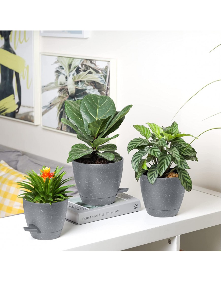 T4U Plastic Flower Pots for Indoor Plants 7 6.5 6 5.5 5 Inch Self Watering Planter with Drainage Hole Grey Nursery Planting Pot for Snake Plant African Violet Aloe and Most House Plants 5-Pack