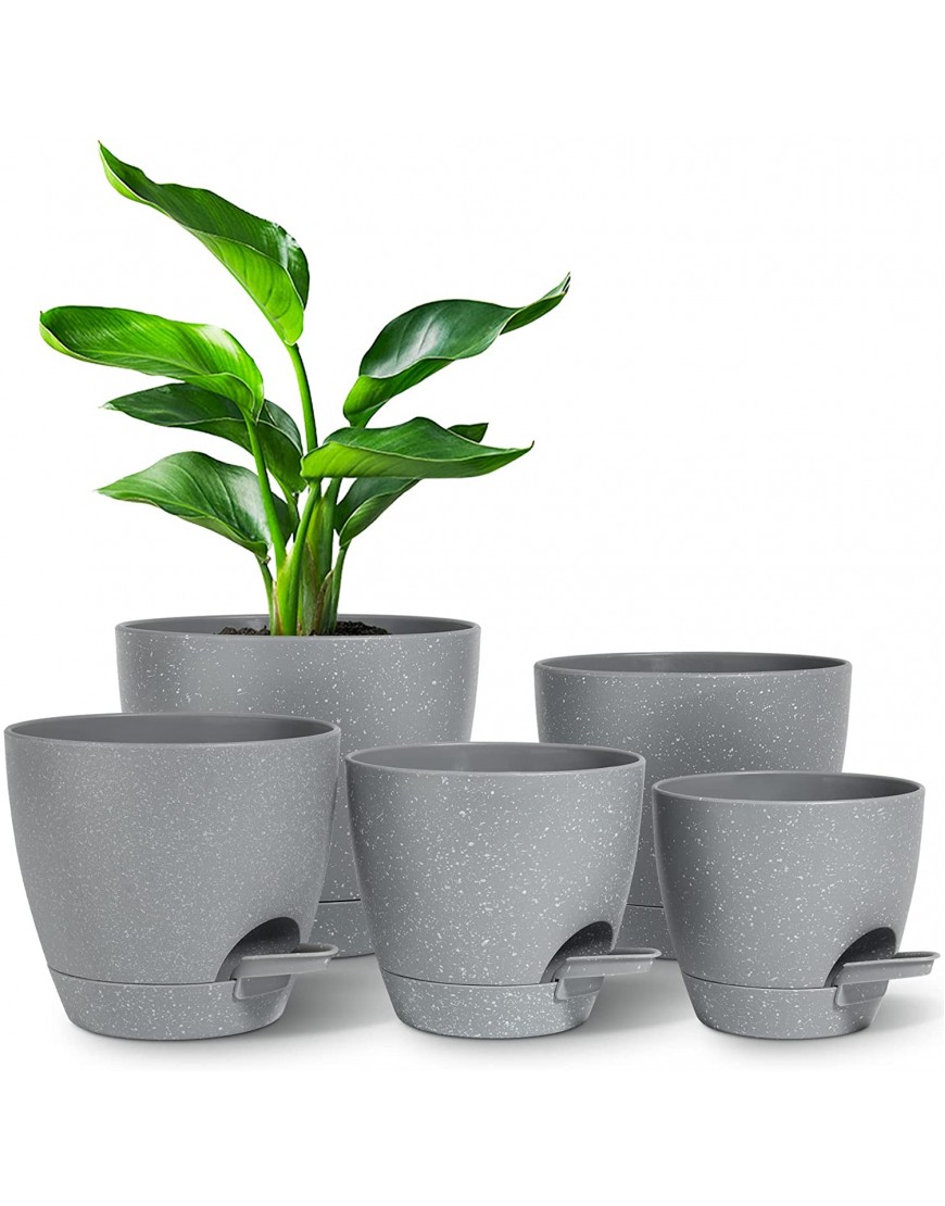 T4U Plastic Flower Pots for Indoor Plants 7 6.5 6 5.5 5 Inch Self Watering Planter with Drainage Hole Grey Nursery Planting Pot for Snake Plant African Violet Aloe and Most House Plants 5-Pack