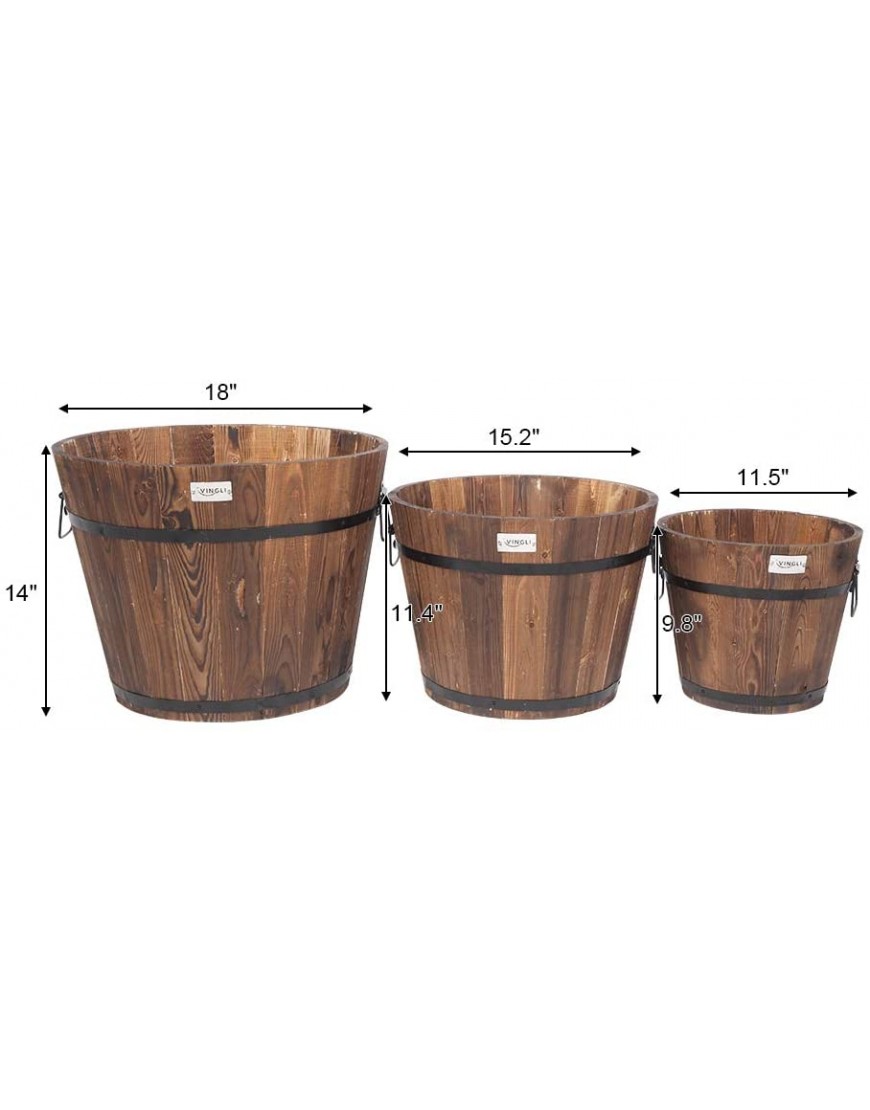 VINGLI 3 pcs Wooden Planter Barrel Set Real Wood Indoor Outdoor Flower Pot w Drainage Holes Different Sizes Large Garden Container Box