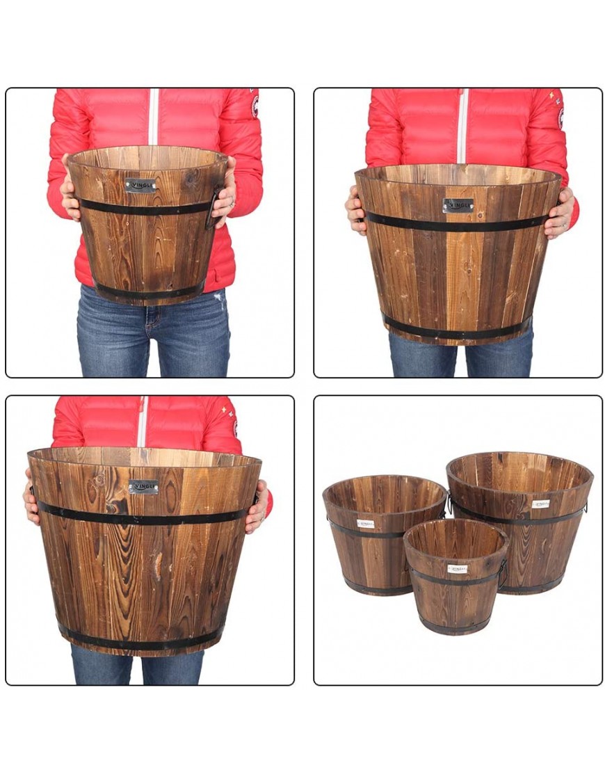VINGLI 3 pcs Wooden Planter Barrel Set Real Wood Indoor Outdoor Flower Pot w Drainage Holes Different Sizes Large Garden Container Box