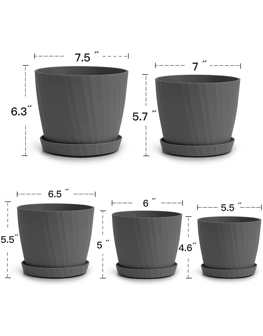 Warmplus Plastic Planter for Indoor Plants 7.5 6.5 6 5.5 4.5 Inch Flower Pot with Drainage Hole and Tray for All House Garden Flowers Succulents Grey Set of 5