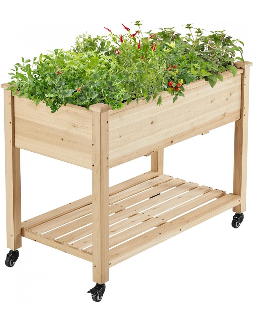 Yaheetech 2 Tiers Wooden Raised Garden Bed Flower Planter Boxes Elevated Vegetables Growing Bed with Storage Shelf & Wheels Grow Herbs and Vegetables 42x23x33in