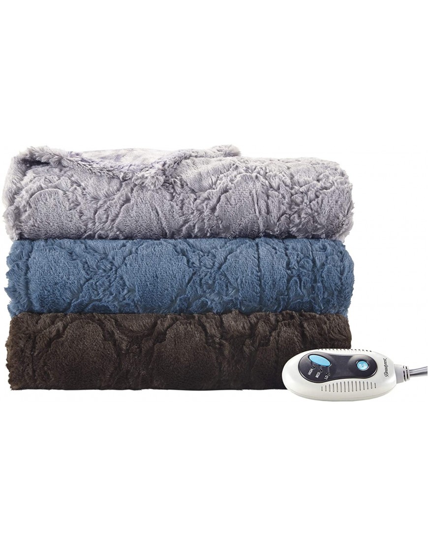 Beautyrest Brushed Long Fur Electric Throw Blanket Ogee Pattern Warm and Soft Heated Wrap with Auto Shutoff 50 in x 60 in Grey
