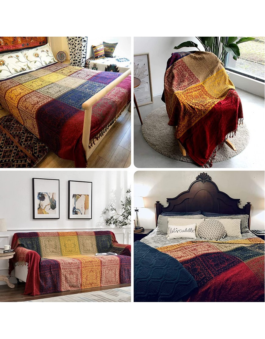 Boho Throw Blanket Chenille Jacquard Tassels Throw Blankets for Bed Couch Soft Chair， Bohemian Fringe Tassels Red S:60x75