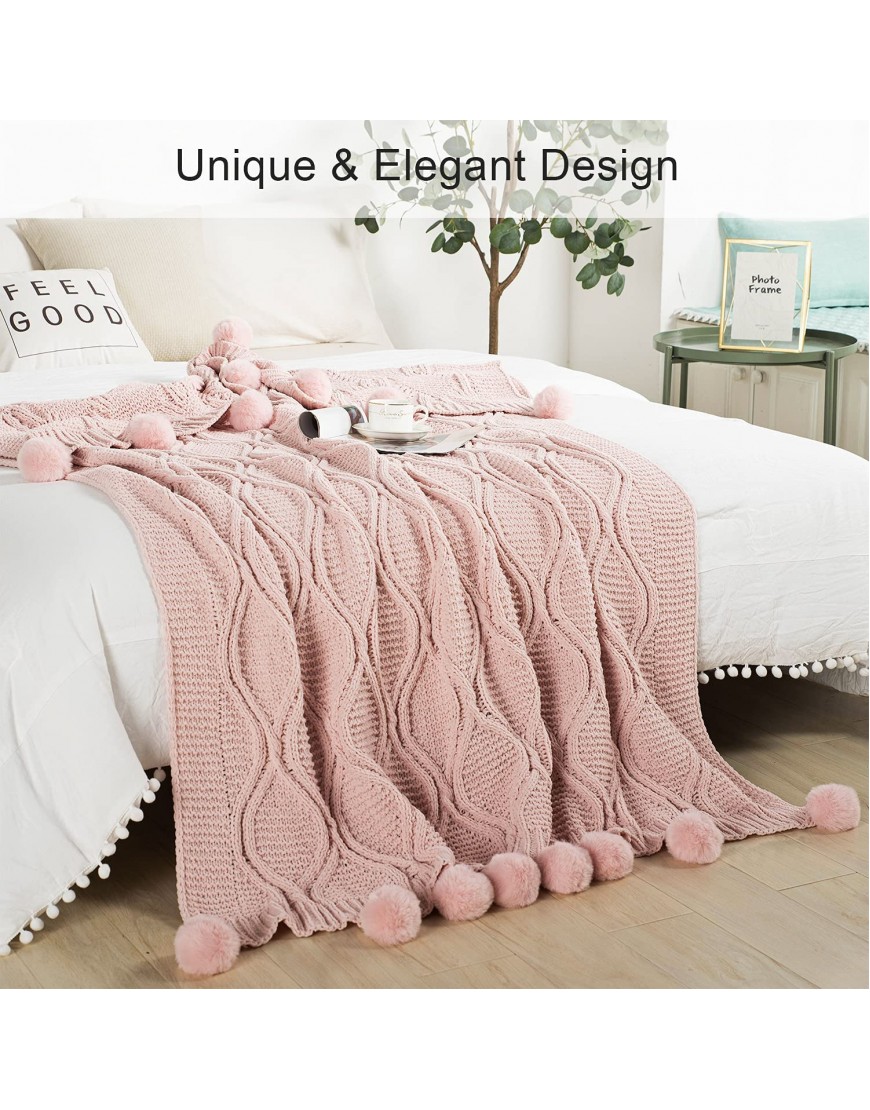 Chunky Knit Blanket with pom poms- Thick Soft Big Cozy Throw Blankets for Couch Bed Sofa Chair-50×60 Inches,Pink