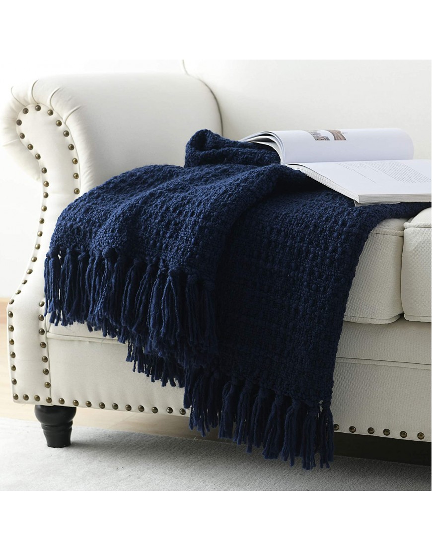 Chunky Knit Throw Blanket Navy Blue Soft Warm Cozy Bed Throw Blanket with Tassels Boho Style Textured Knitted Home Decorative Blanket for Couch Sofa &Bed 50x60