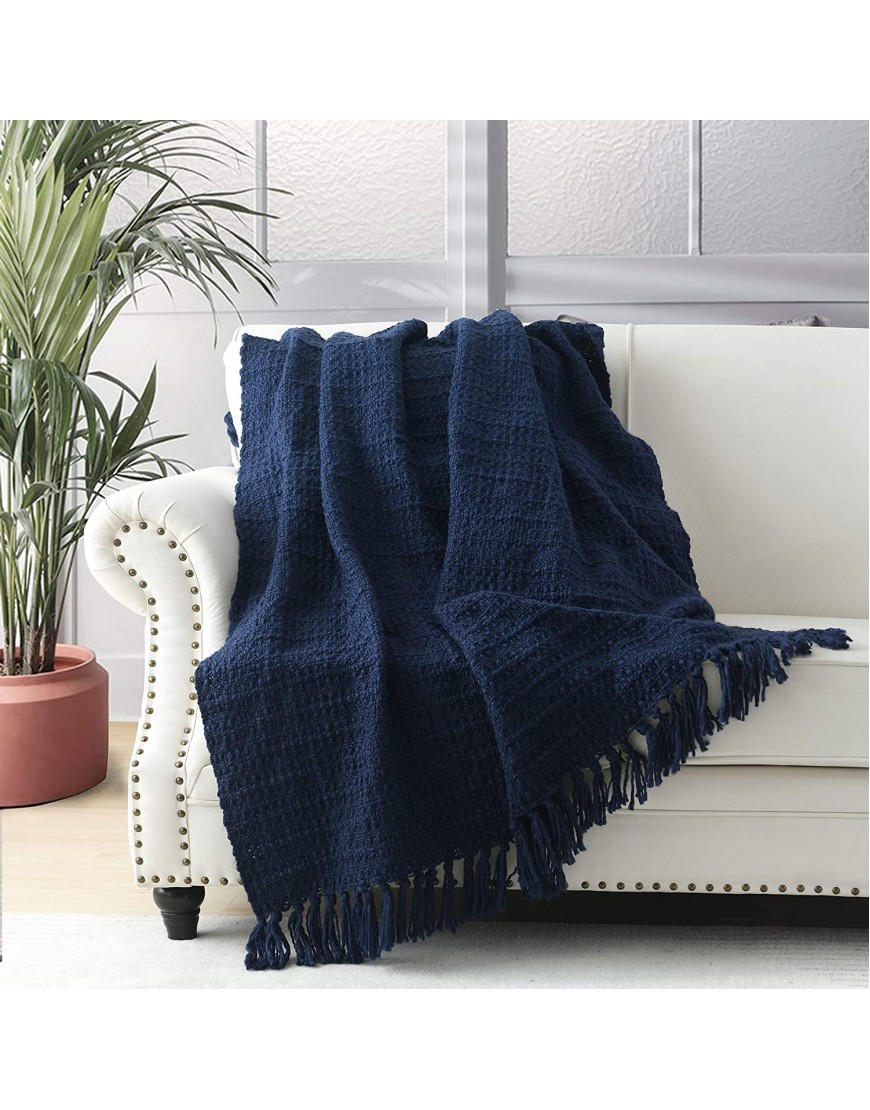 Chunky Knit Throw Blanket Navy Blue Soft Warm Cozy Bed Throw Blanket with Tassels Boho Style Textured Knitted Home Decorative Blanket for Couch Sofa &Bed 50"x60"