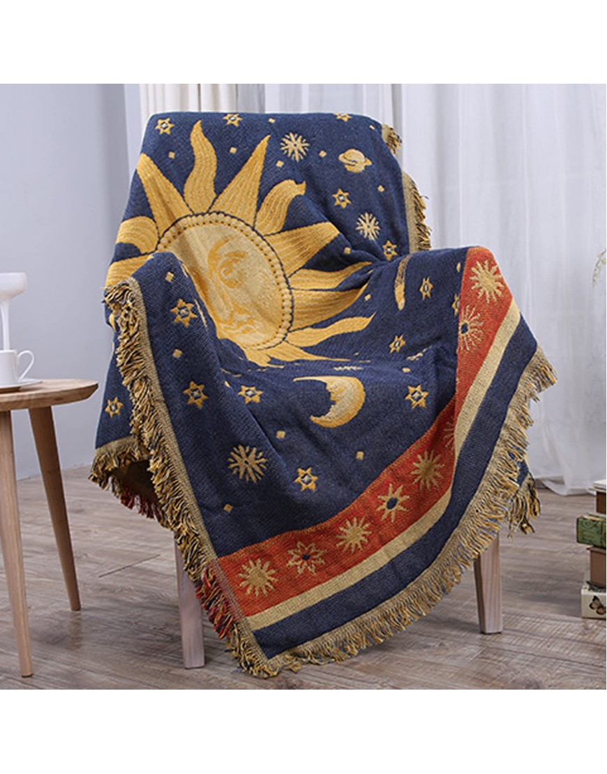 CUEERBOT Sun and Moon Stars Throw Blanket Celestial Tapestry Double-Sided Reversible Woven Cotton Home Decor Bedding Chair Couch Recliner Cover Loveseat Rug Tassels Blue Yellow