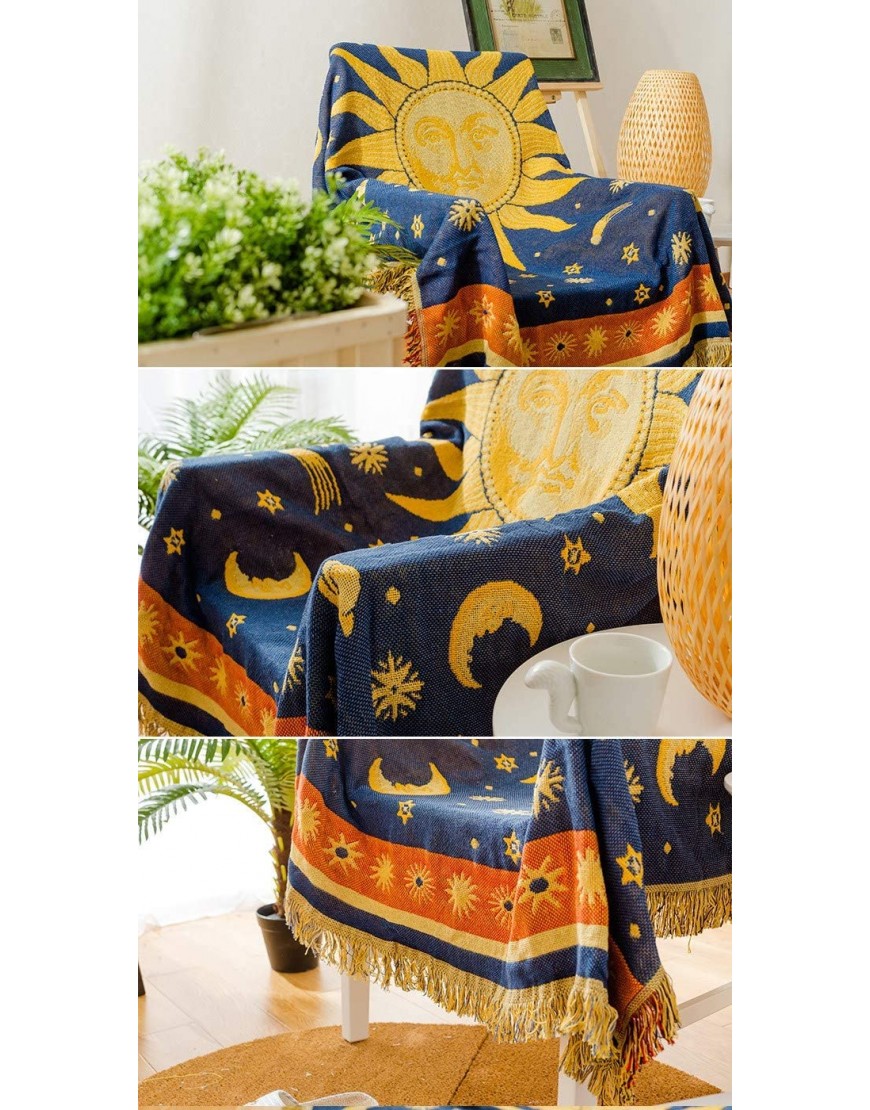 Erke Moon and Sun Throw Blanket Featuring Decorative Tassels Double Sided Cotton Woven Couch Bed Hippie Throws Cover 50 X 70 Yellow Blue