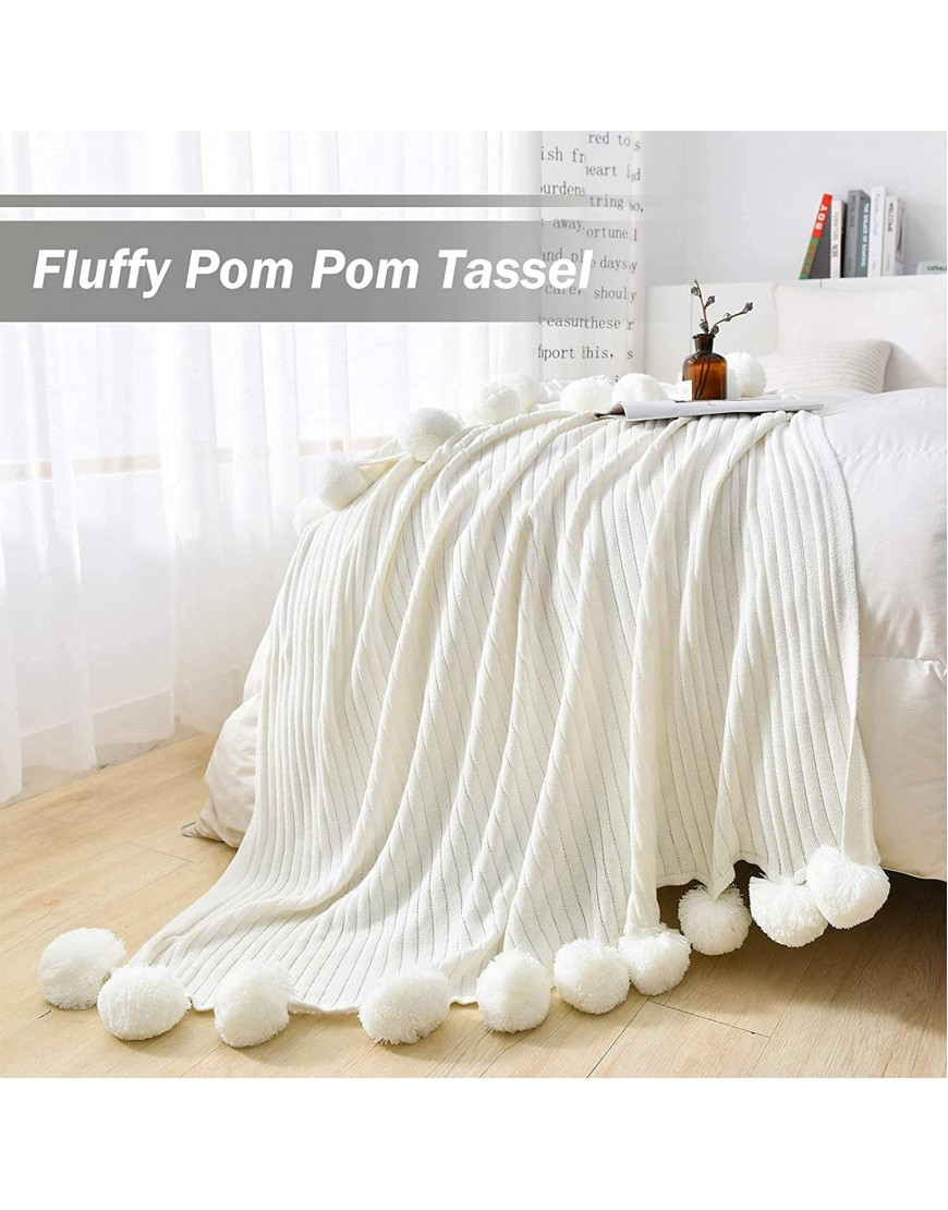 Fomoom Pom Pom Throw Blanket Knit Blanket with Pompom Tassels Decorative Cotton Blanket for Couch Sofa Bed Lightweight Pom Poms Knitted Blanket Off-White 39x59