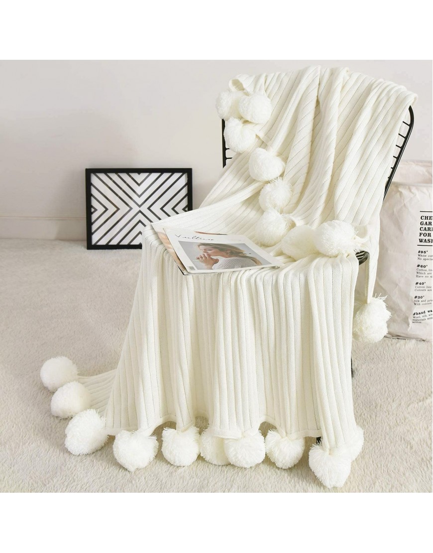 Fomoom Pom Pom Throw Blanket Knit Blanket with Pompom Tassels Decorative Cotton Blanket for Couch Sofa Bed Lightweight Pom Poms Knitted Blanket Off-White 39"x59"