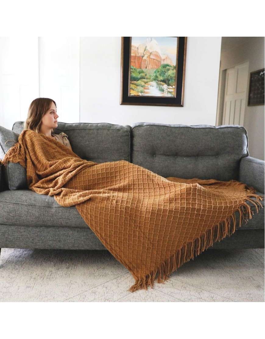 Graced Soft Luxuries Throw Blankets Woven Soft for Sofa Couch Decorative Knitted Farmhouse Fringe Blanket Cashew Large 50" x 60"