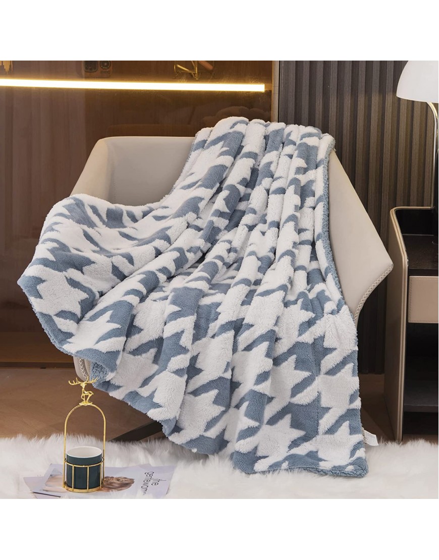 HT&PJ Sherpa Fleece Throw Blanket Houndstooth Fuzzy Soft Warm Thick for All Seasons Couch Bed Sofa Blue White Throw50"X60"