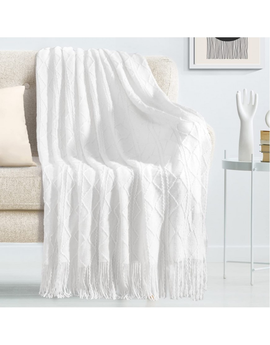 LUCIAN Knitted Throw Blankets White Decorative Textured Cozy Throw Lightweight Woven Blanket with Tassels for Couch Bed Sofa,Travel 50"*60",Suitable for Women Men and Kids
