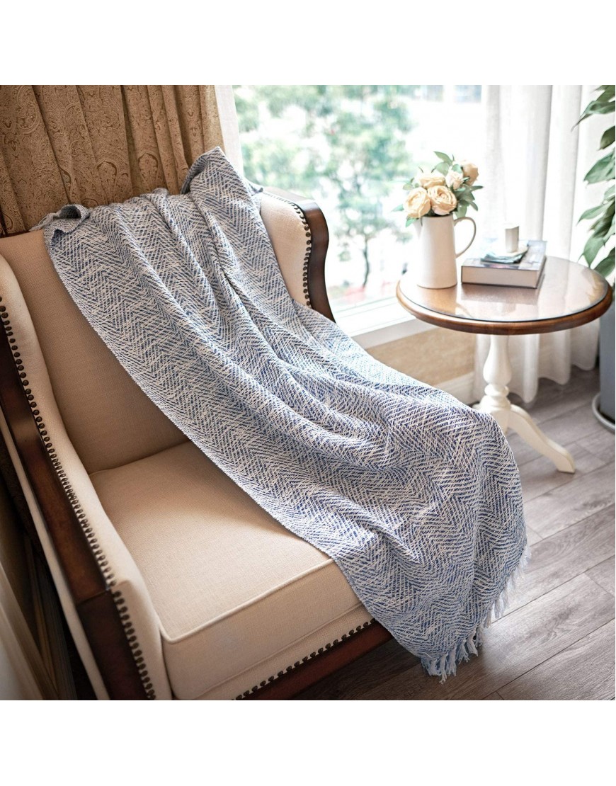 MOTINI Blue and White Throw Blanket Knitted Herringbone Woven Decorative Blankets Textured Cozy Throws for Bed Couch 50 x 60 100% Cotton