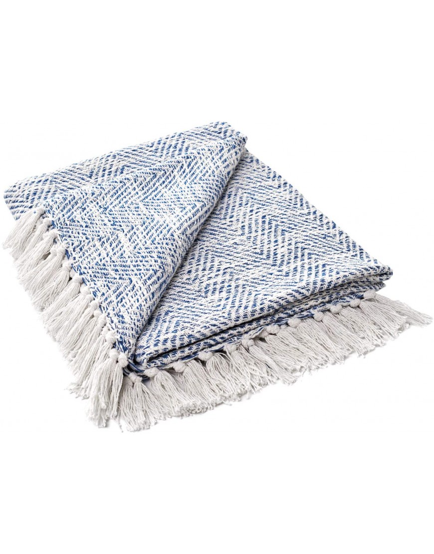 MOTINI Blue and White Throw Blanket Knitted Herringbone Woven Decorative Blankets Textured Cozy Throws for Bed Couch 50" x 60" 100% Cotton