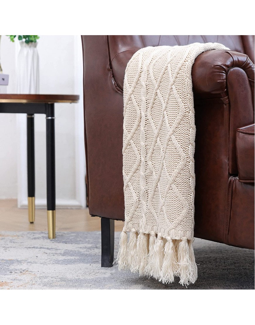 Solid Soft Cozy Cable Knitted Blanket Throw Lightweight Decorative Textured Cream Throw Blanket with Fringes for Couch Chairs Bed Sofa,Beige 50x 60