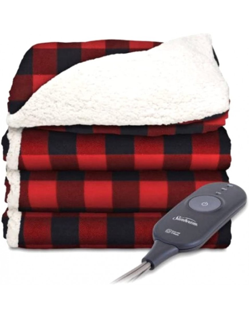 Sunbeam Electric Throw Reversible Imperial Plush with Sherpa Premium Sherpa and Ultra Soft with 3 Heat Settings and 3 Hour Auto-off Plaid Red and Black on White Sherpa 50 x 60