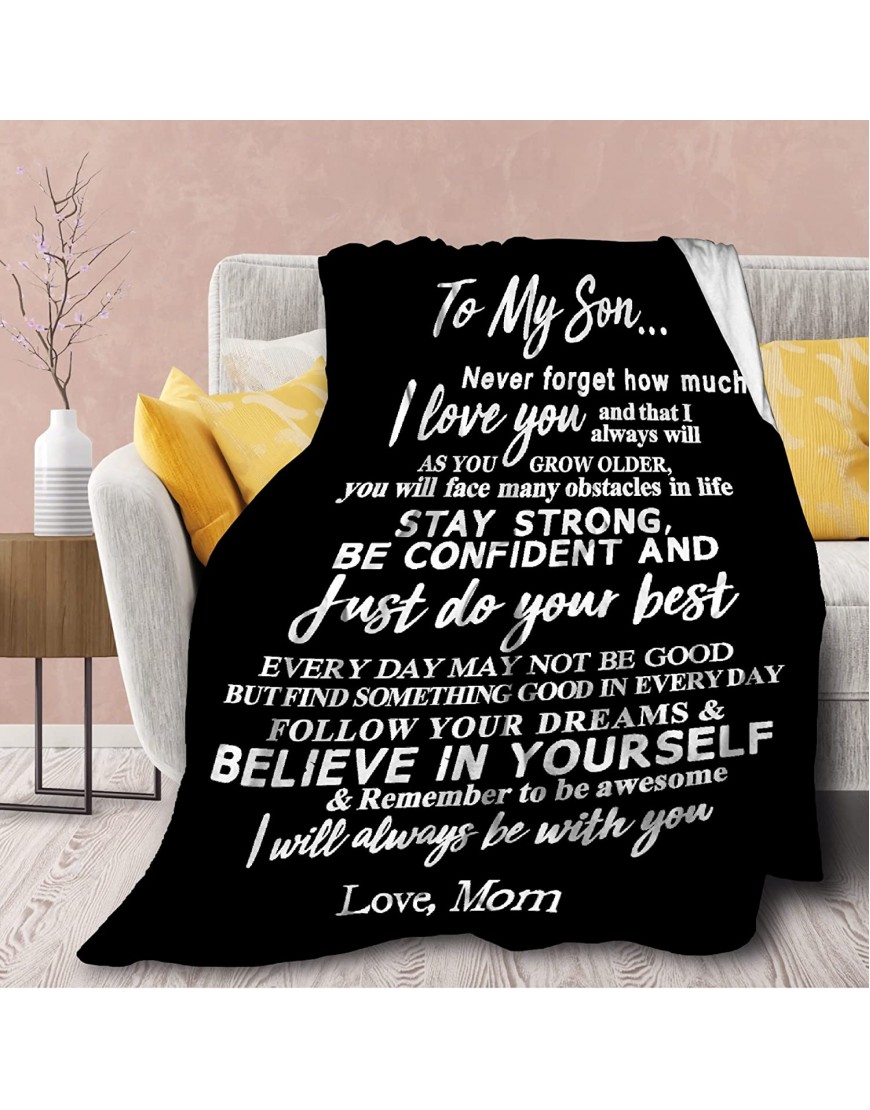 WONDERWON to My Son Blanket from Mom Gifts for Son Throw Blankets with Strength Courage Words Super Soft Flannel Fleece Quilt Perfect for Personalized Birthday Father Black 50X40 for Baby