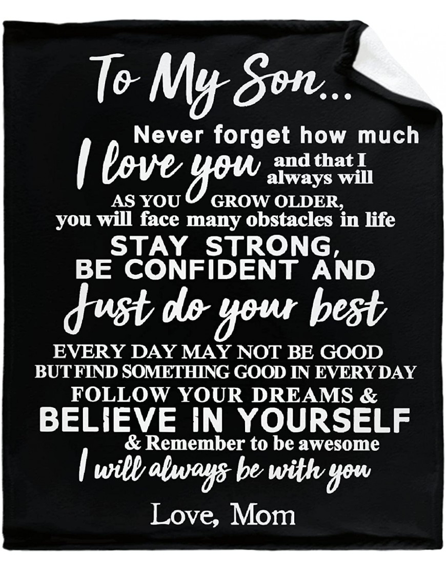 WONDERWON to My Son Blanket from Mom Gifts for Son Throw Blankets with Strength Courage Words Super Soft Flannel Fleece Quilt Perfect for Personalized Birthday Father Black 50"X40" for Baby