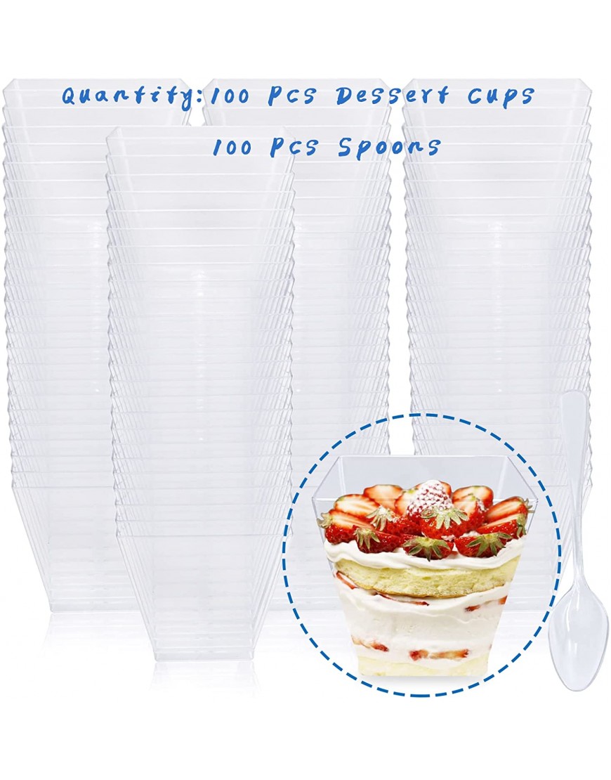 100 Pack 2 oz Plastic Dessert Cups with Spoons,Clear Square Parfait Appetizer Cups,Mini Serving Bowls for Tasting Party Desserts Appetizers