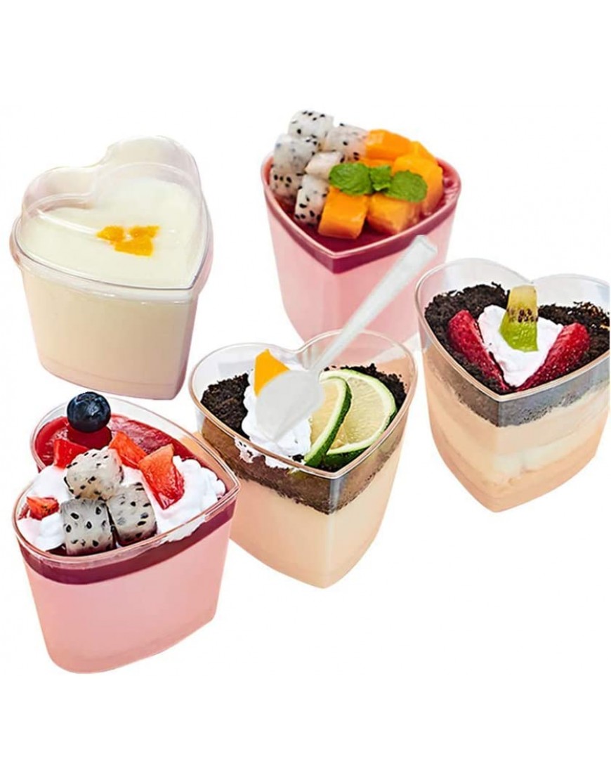 4oz 140ml Mini Dessert Cups Clear Tasting Sample Shot Glasses 25 Piece Reusable of Plastic Heart-Shaped Dessert Cups + Lid + Spoon Suitable for Cheese Desserts Jelly Mousse Ice Cream