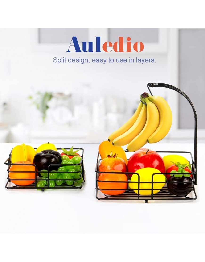 Auledio 2-Tier Square Countertop Fruit Vegetables Basket Bowl Storage With Banana Hanger Black