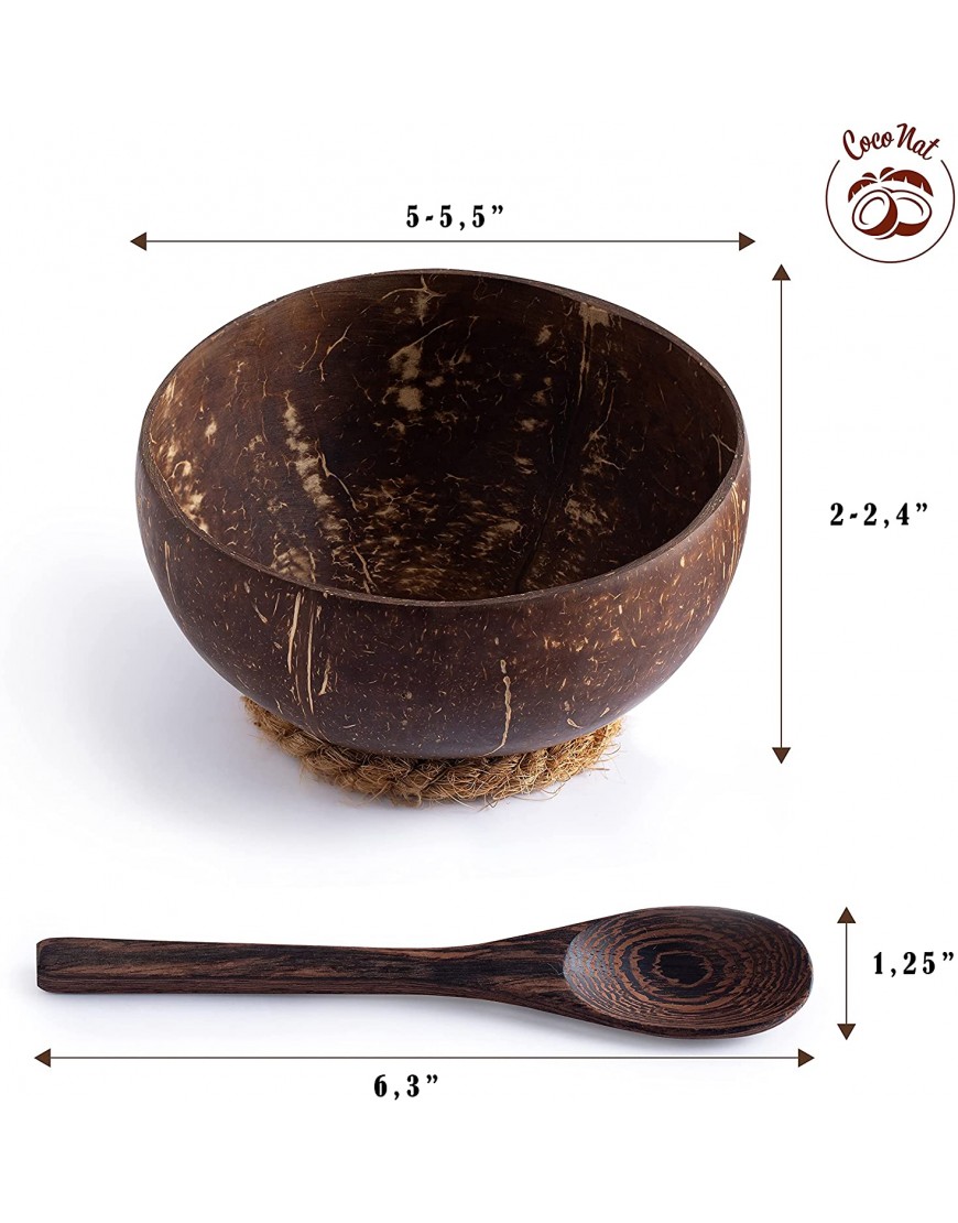 CocoNat | Coconut Bowl Set with Spoons and Anti-Wobble Husk Rings | 100% Natural Eco Friendly Non Toxic & Reusable | Handmade Decorative Bowl Set Gift 2 Polished