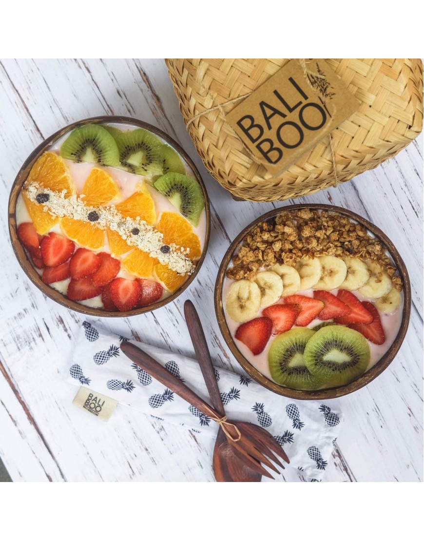 Coconut Bowl Set of 4 by Bali Boo BONUS Cutlery Set for 4 & 8 Bamboo Straws Zero Waste Handmade Serving Bowls Breakfast Smoothie Eco Friendly Sustainable Toddler and Vegan Gifts from Bali