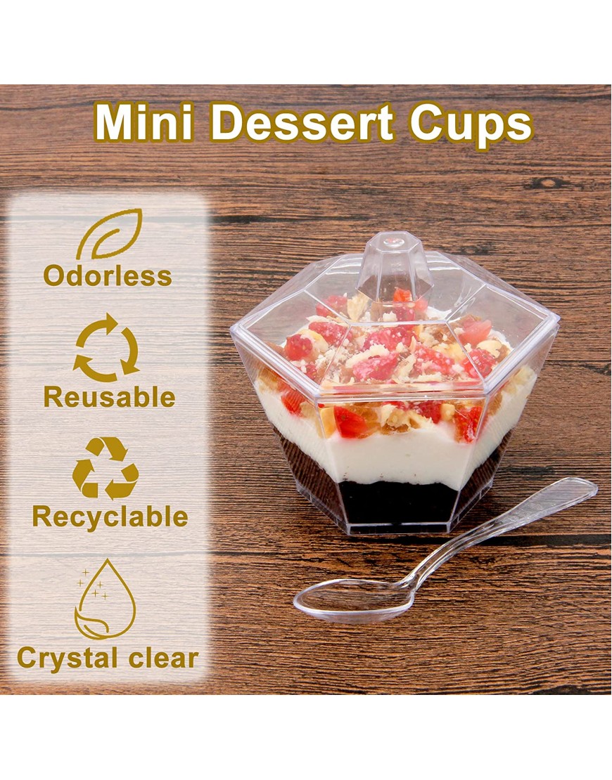 Colovis Dessert Cups 25 Count 3.2oz Hexagon Plastic Parfait Appetizer Cup with Lids and Spoons Clear Mini Hexagon Dessert Bowl for Parties Catering 25