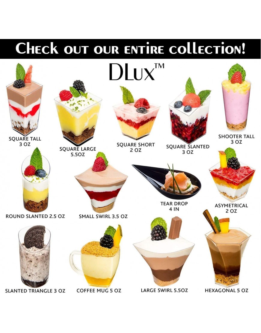 DLux 32 x 3 oz Mini Dessert Cups with Spoons Square Slanted Clear Plastic Parfait Appetizer Cup Small Reusable Serving Bowl for Tasting Party Desserts Appetizers With Recipe Ebook