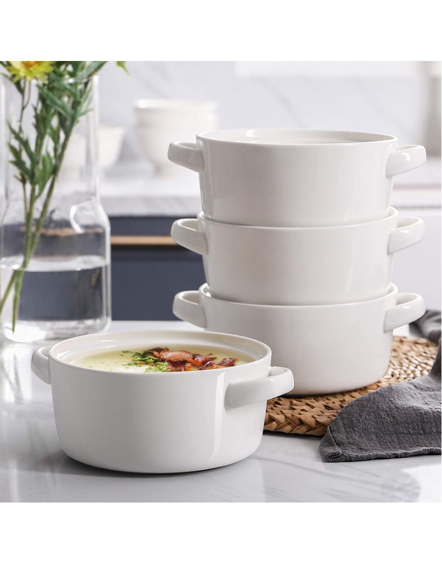 DOWAN Soup Bowls with Handles 24 ounces Ceramic Cereal Bowl Set for kitchen White French Onion Soup Crocks Oven Dishwasher Safe Stackable Bowls for Soup Cereal Stew Chill Set of 4