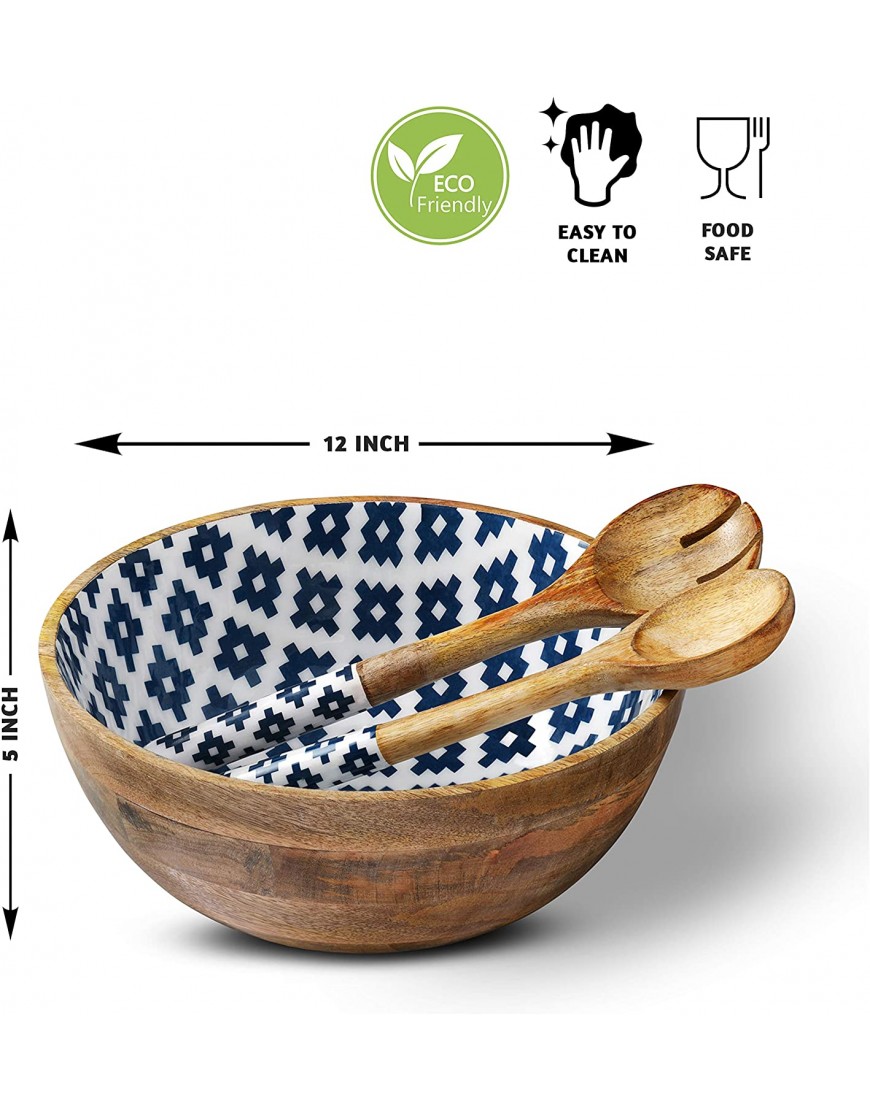 Folkulture Salad Bowl or Wooden Bowls with Serving Tongs Large Salad Bowls for Fruits Cereal or Pasta Mothers Day Gifts from Daughter Large Mixing Bowl Set 12 D x 5 H Mango Wood Blue