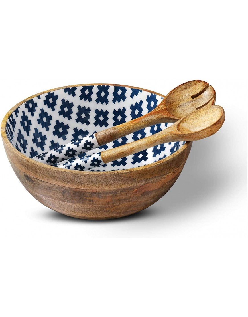Folkulture Salad Bowl or Wooden Bowls with Serving Tongs Large Salad Bowls for Fruits Cereal or Pasta Mothers Day Gifts from Daughter Large Mixing Bowl Set 12" D x 5" H Mango Wood Blue