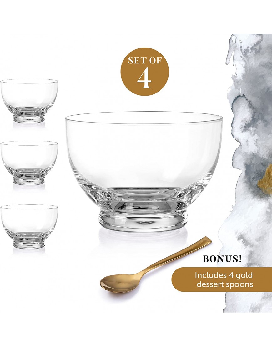 Hand Blown Glass Dessert Bowls – Set Of 4 Crystal Dessert Cups and Gold-Plated Spoons – Lead-free Ice Cream Bowls for Appetizers Condiments and Cocktails by Lumi & Numi 12 oz.