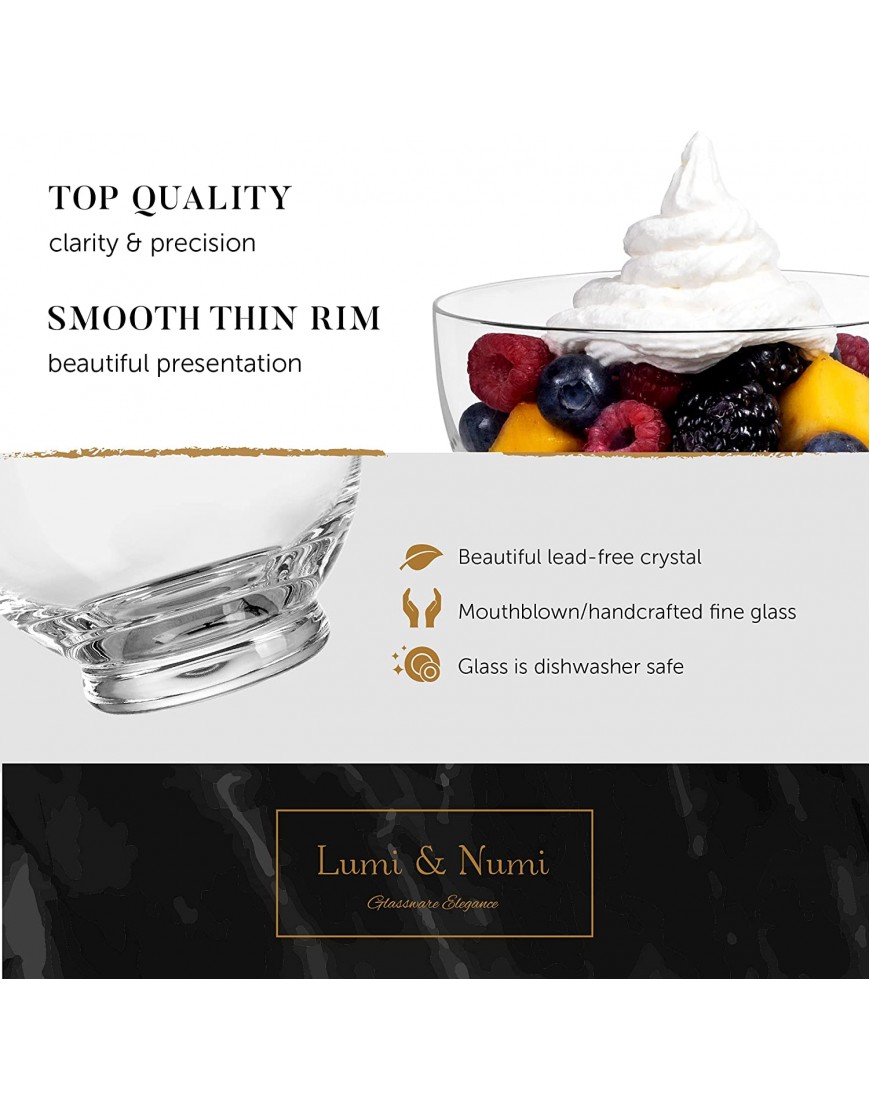 Hand Blown Glass Dessert Bowls – Set Of 4 Crystal Dessert Cups and Gold-Plated Spoons – Lead-free Ice Cream Bowls for Appetizers Condiments and Cocktails by Lumi & Numi 12 oz.