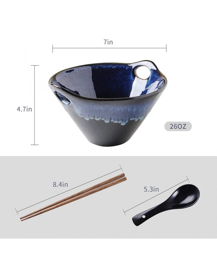 KOOV Porcelain Ramen Bowls and Spoons Set of 2 Japanese Ramen Noodle Bowl with Chopsticks and Spoons 26 Ounce Deep Pho Bowl Reactive Glaze Blue Galaxy