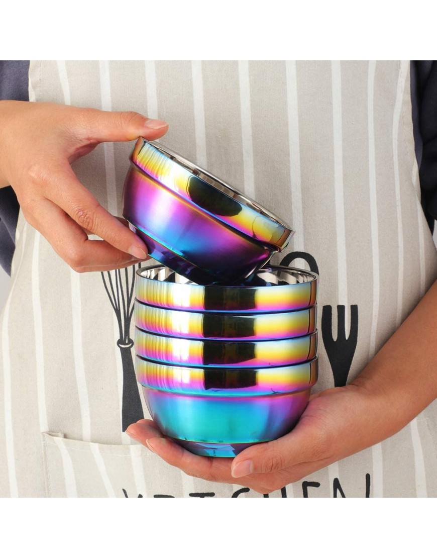 Large Rainbow 304 Stainless Steel Bowl Set of 4 Double-Walled Heat Insulation Anti-Scalding Kitchen Soup Bowls Drop Resistance Children Bowl Salad Bowl Set for Mixing 5.1 Inches Diameter