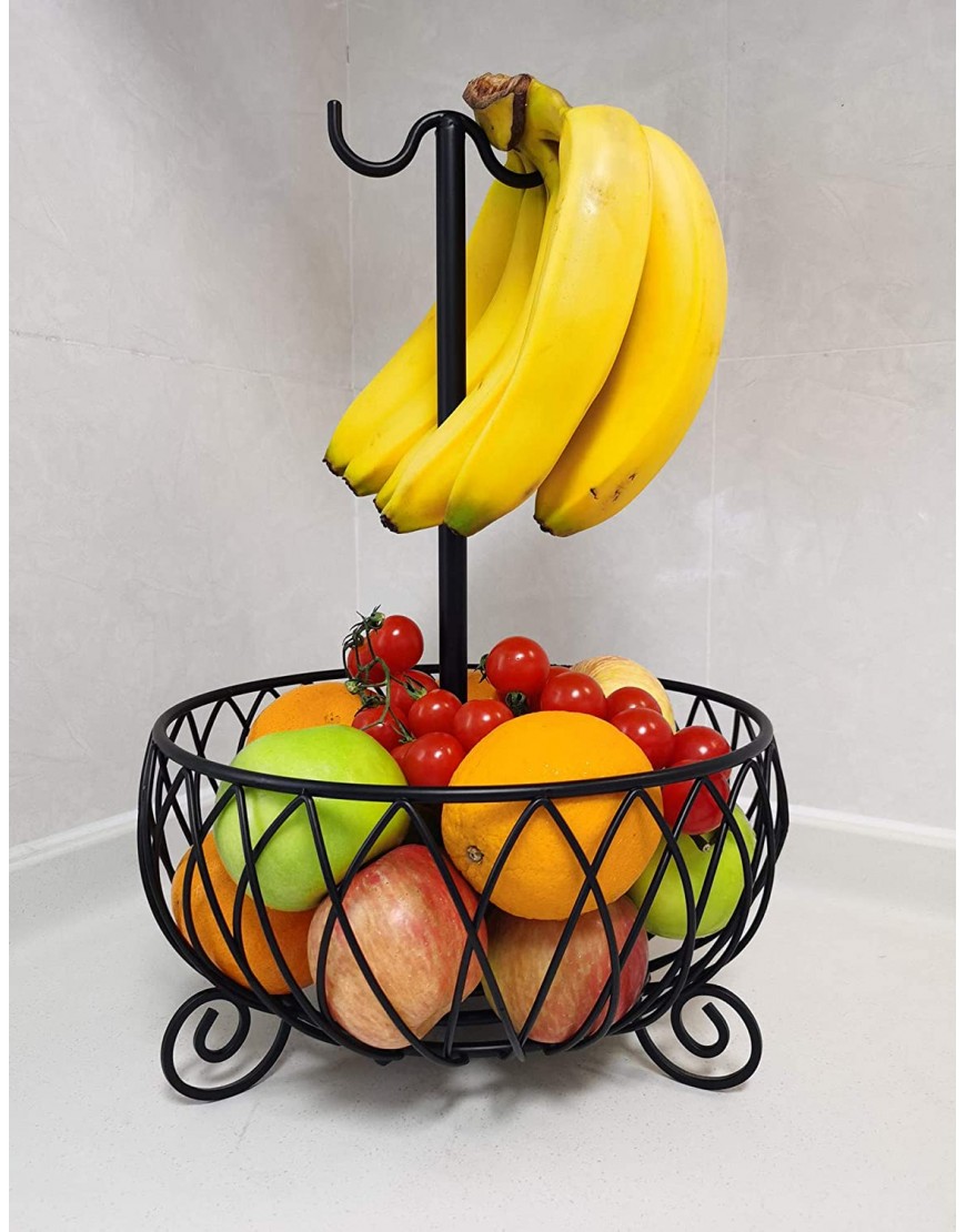 Large Wire Fruit Basket Bowl Stand with Banana Hanger,Fruit Bowl with Banana holder Black